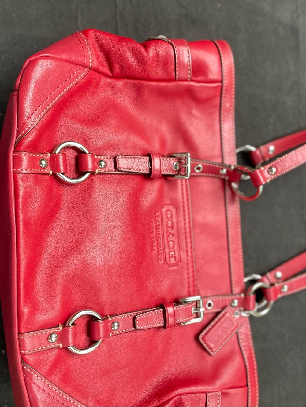 Coach Red Leather Shoulder Tote with Silver Hardware